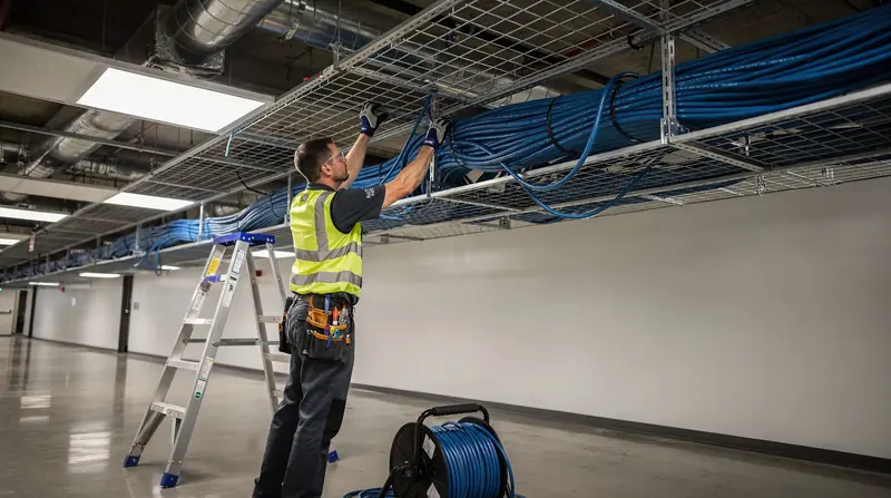 PCCI technician installing network cable in an overhead cable tray