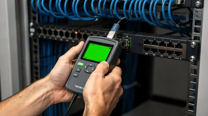Technician certifying a network link with a cable tester