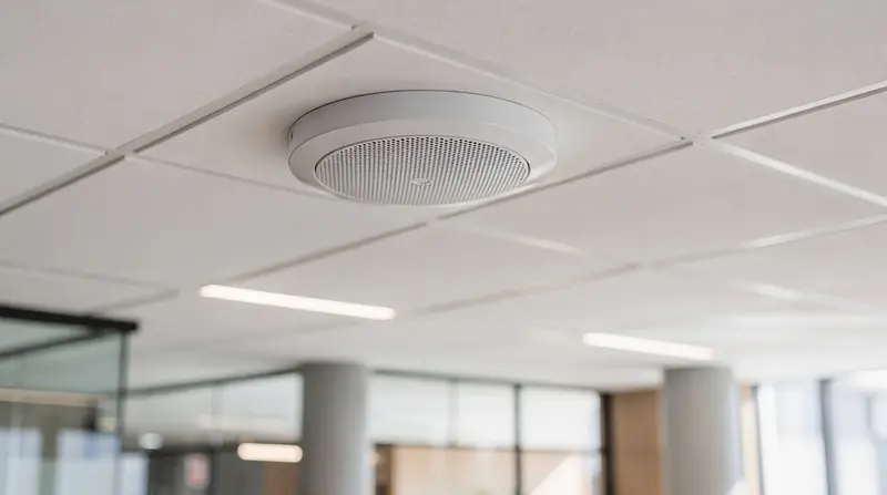 Ceiling paging speaker in a modern office lobby