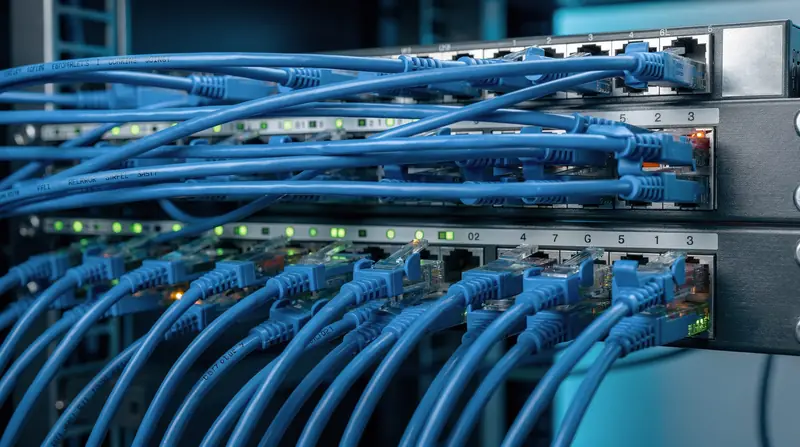 Blue patch cables plugged into a network switch