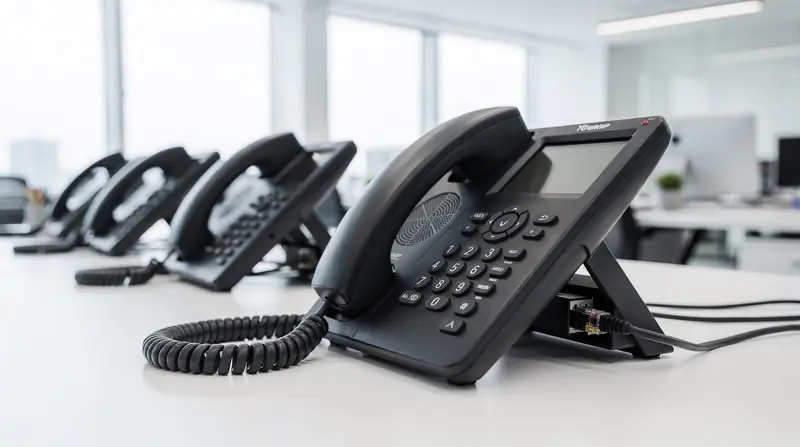 VoIP business desk phones in a modern office