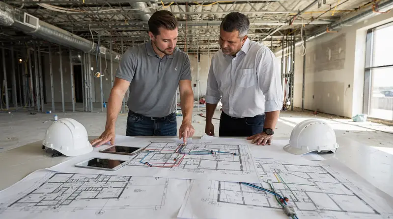 Project manager reviewing cabling floor plans with a client on site
