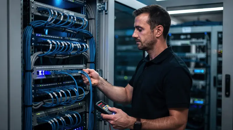 Cabling technician connecting patch cables in a server rack