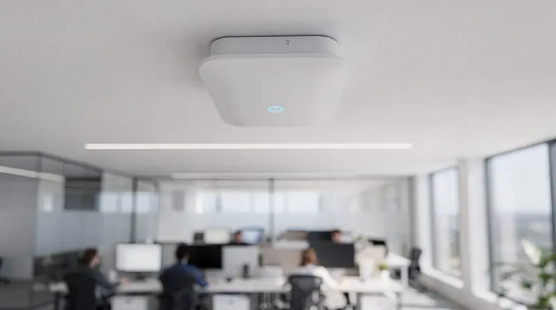 Wi-Fi access point mounted on a modern office ceiling